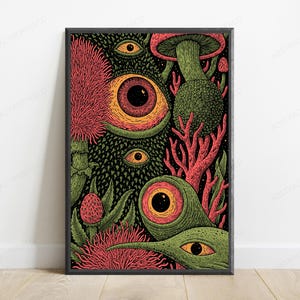 May include: A framed rectangular wall art print featuring a dense, dark illustration of multiple large, wide-open eyes with orange irises and black pupils, interspersed with textured green foliage, pink spiky flowers, and coral-like structures.