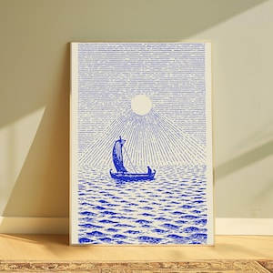 May include: A rectangular wall art print featuring a blue ink illustration on a cream background. The artwork depicts a small sailboat with a single sail on a textured sea, beneath a large circular sun with radiating lines extending outward.