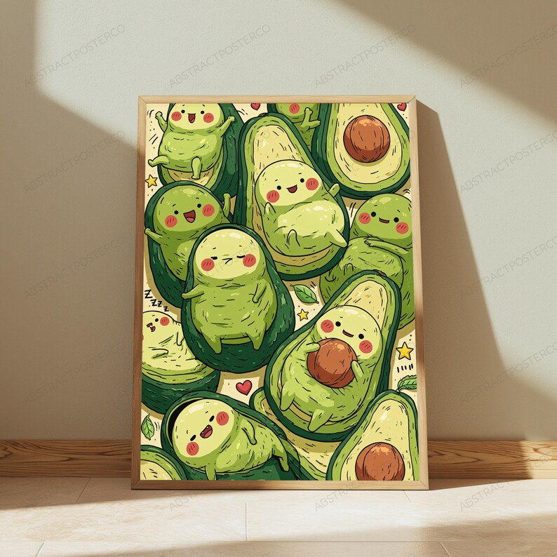 Cute Avocado Characters Party Wall Art | Kawaii Food Art Print | Minimalist Kitchen Decor | Digital Download A3 A2 A1 imagen 4