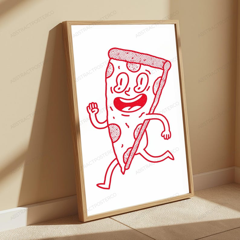 May include: A framed wall art print featuring a red line drawing of a cartoon pizza slice character with a smiling face, arms, and legs in a running pose. The illustration uses a stippled texture effect on a white background within a light wood frame.