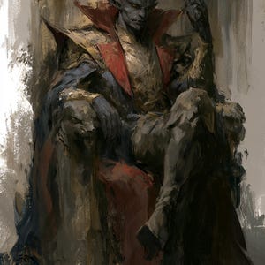 May include: A digital painting of a horned, dark-skinned humanoid figure with pointed ears and sharp features, seated on a throne. The figure wears ornate gold and red armor with a high collar and a dark cape, resting one hand near their face.