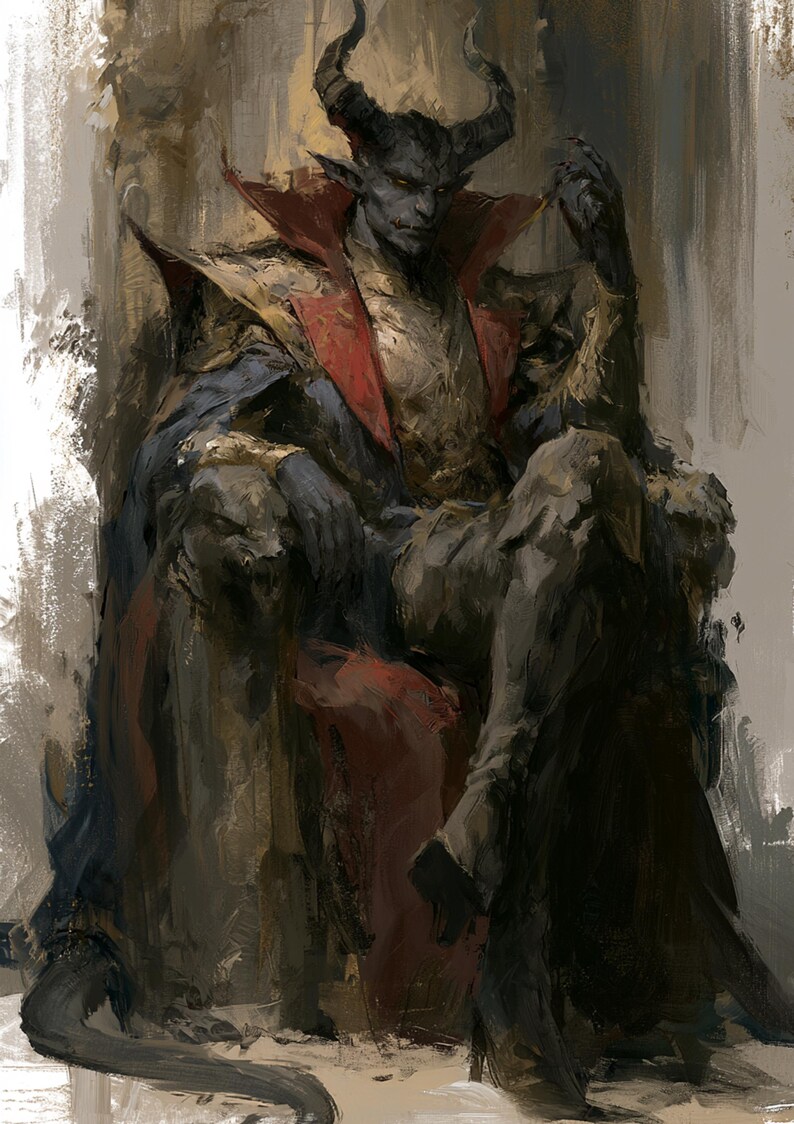 May include: A digital painting of a horned, dark-skinned humanoid figure with pointed ears and sharp features, seated on a throne. The figure wears ornate gold and red armor with a high collar and a dark cape, resting one hand near their face.