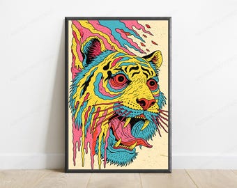 Neon Wildcat Pop Art Print | Psychedelic Tiger Wall Art | Vibrant Animal Illustration | Digital Download A3 A2 A1