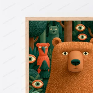 May include: A framed wall art print featuring a large brown bear in the foreground, a smaller green bear, and an orange bird-like creature. The scene includes dark green trees and several floating eyes scattered throughout the forest setting.
