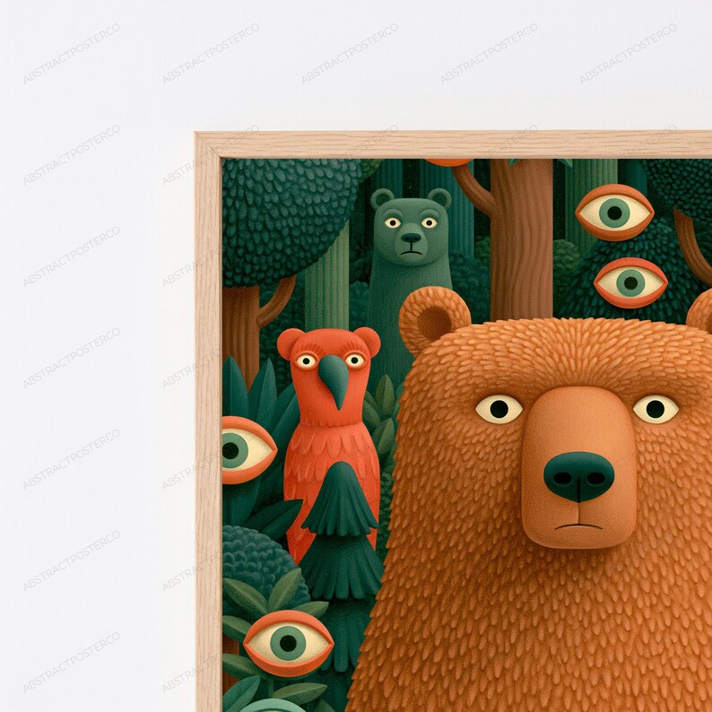 May include: A framed wall art print featuring a large brown bear in the foreground, a smaller green bear, and an orange bird-like creature. The scene includes dark green trees and several floating eyes scattered throughout the forest setting.