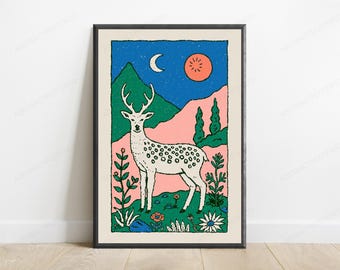 White Stag Moonlit Forest Minimalist Art Print | Woodland Deer Wall Art | Nature Home Decor | Digital Download A3 A2 A1