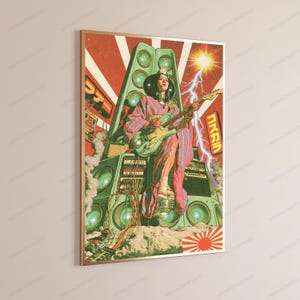 May include: A framed poster featuring a person in a pink and blue patterned kimono playing a light blue electric guitar while sitting atop a stack of green speakers. The background includes a bright sunburst, lightning, and Japanese text characters.