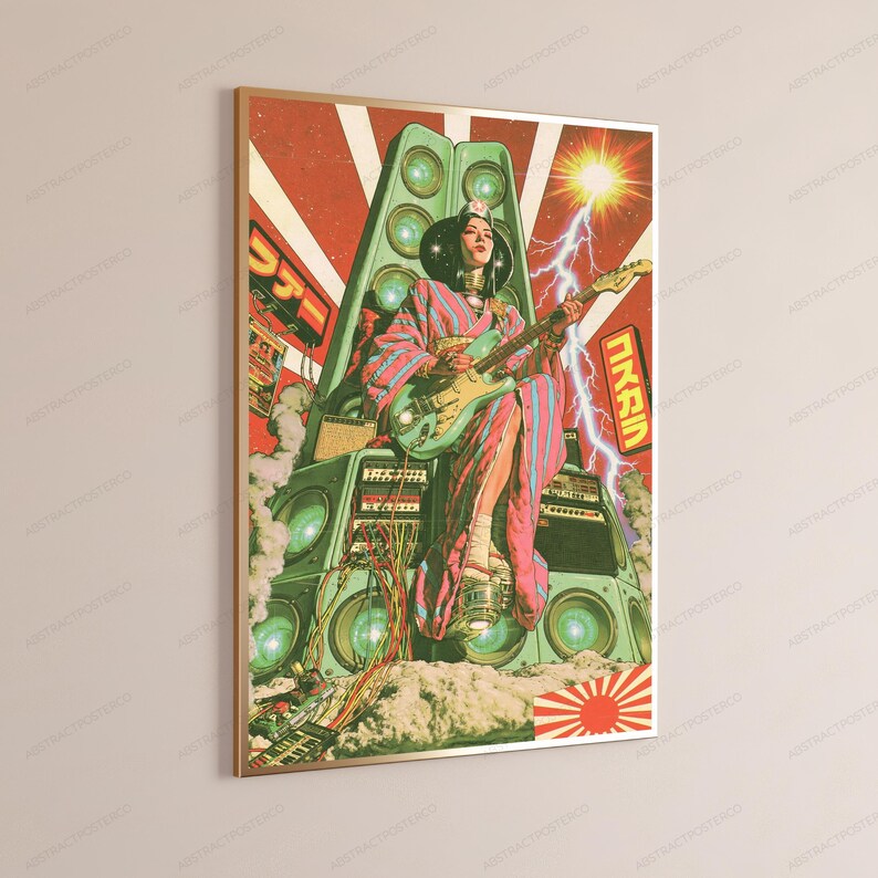 May include: A framed poster featuring a person in a pink and blue patterned kimono playing a light blue electric guitar while sitting atop a stack of green speakers. The background includes a bright sunburst, lightning, and Japanese text characters.