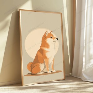 May include: A framed vertical poster featuring a stylized illustration of a Shiba Inu dog sitting in profile. The dog has orange-brown fur with cream-colored accents on its chest and face, set against a solid beige background with a large circle.