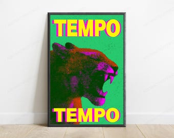 May include: A framed wall art print featuring a stylized, halftone-patterned panther head in shades of purple and dark green against a bright green background. The word TEMPO is printed in bold yellow capital letters at the top and bottom.