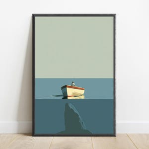 Lone Fisherman Rowing Boat Minimalist Print | Peaceful Water Art | Coastal Wall Decor | Digital Download A3 A2 A1 image 1