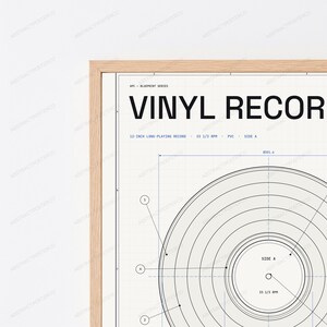 Technische tekening van een vinylplaat | Retro muziekstudio muurdecoratie | Minimalistische designposter afbeelding 2