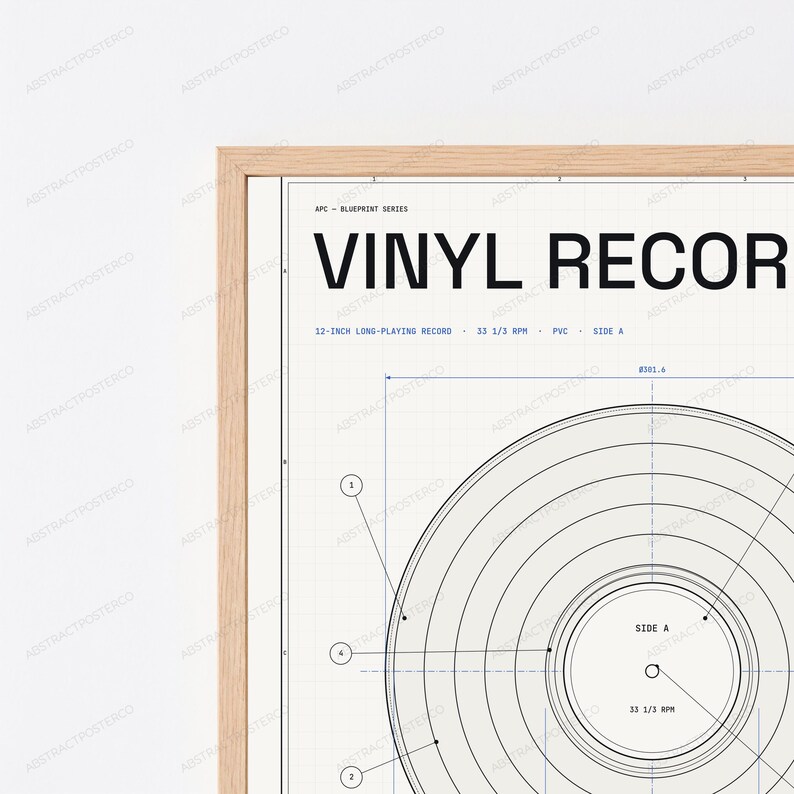Technische tekening van een vinylplaat | Retro muziekstudio muurdecoratie | Minimalistische designposter afbeelding 2