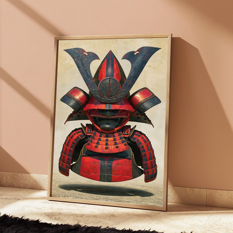 Peut inclure: Une impression d'art murale encadr&eacute;e repr&eacute;sentant une illustration d&eacute;taill&eacute;e d'un casque et d'une armure de samoura&iuml;. L'armure est color&eacute;e en rouge vif et bleu fonc&eacute;, avec des plaques superpos&eacute;es, une cr&ecirc;te centrale et un masque facial.
