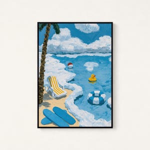May include: A framed painting depicting a beach scene with a tall palm tree, a yellow and white striped lounge chair, two blue surfboards on the sand, a red and white beach ball, a yellow rubber duck, and a blue and white striped swim ring.