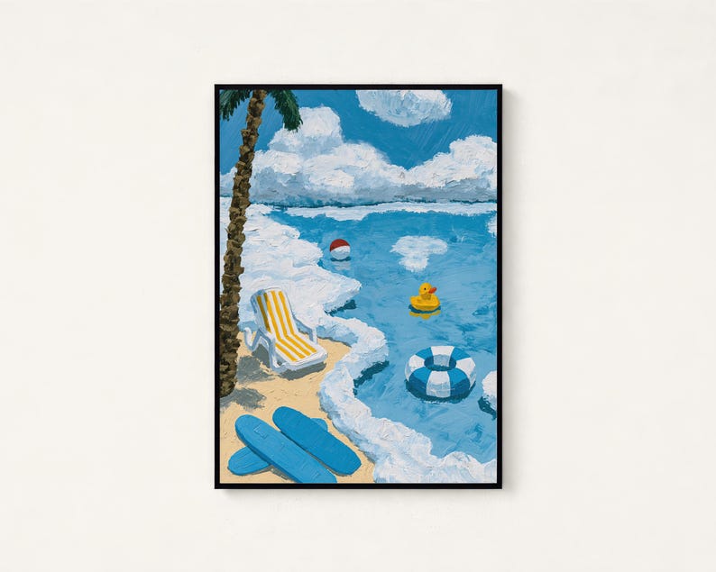 May include: A framed painting depicting a beach scene with a tall palm tree, a yellow and white striped lounge chair, two blue surfboards on the sand, a red and white beach ball, a yellow rubber duck, and a blue and white striped swim ring.