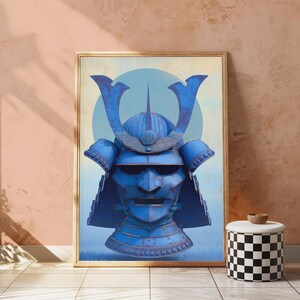 May include: A framed wall art print featuring a vibrant blue samurai helmet with a prominent crest and face mask. The helmet is centered against a light blue circular background, showcasing detailed metallic textures and traditional armor plating.
