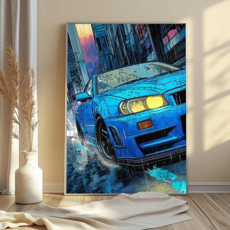 Peut inclure: Une impression d'art mural verticale repr&eacute;sentant une voiture de sport bleu vif roulant dans une rue urbaine pluvieuse au cr&eacute;puscule. L'illustration montre la voiture avec un phare jaune brillant, des roues sombres et des reflets sur le sol mouill&eacute;.