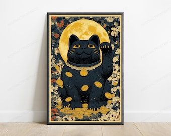 Black Maneki Neko Cat Moon Print | Gold Coins Prosperity Wall Art (Digital Download)