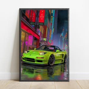 Lámina decorativa estilo cyberpunk con diseño de coche deportivo neón / Arte mural JDM verde lima / Decoración neón vaporwave / Descarga digital A3 A2 A1 imagen 7