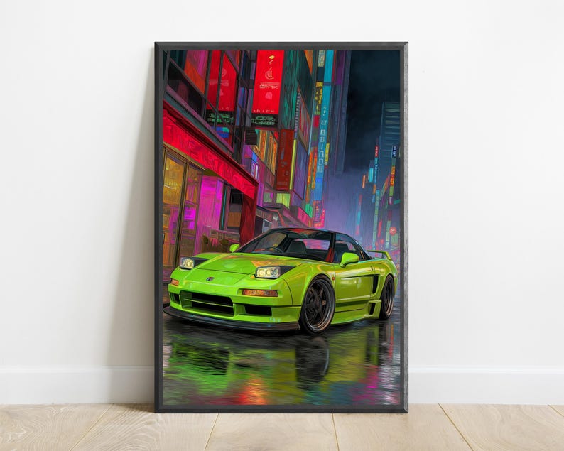 Lámina decorativa estilo cyberpunk con diseño de coche deportivo neón / Arte mural JDM verde lima / Decoración neón vaporwave / Descarga digital A3 A2 A1 imagen 7