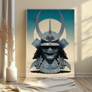 May include: A framed wall art print featuring a blue-toned samurai helmet with a large crescent-shaped crest. The helmet is centered against a pale yellow circular background and a desert landscape, with a weathered texture throughout the illustration.