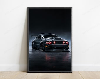 Black Mustang Sports Car Neon Lights | Red LED Headlights Wall Art | Modern Car Enthusiast Decor | Digital Download A3 A2 A1