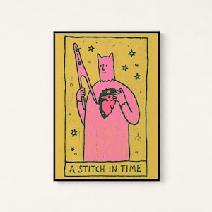 Lámina de arte pop con carta del tarot del gato mago rosa / Arte mural de criaturas mágicas / Decoración original para el hogar / Descarga digital A3 A2 A1 imagen 1