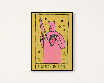 Pink Wizard Cat Tarot Card Pop Art Print | Magical Creature Wall Art | Quirky Home Decor | Digital Download A3 A2 A1