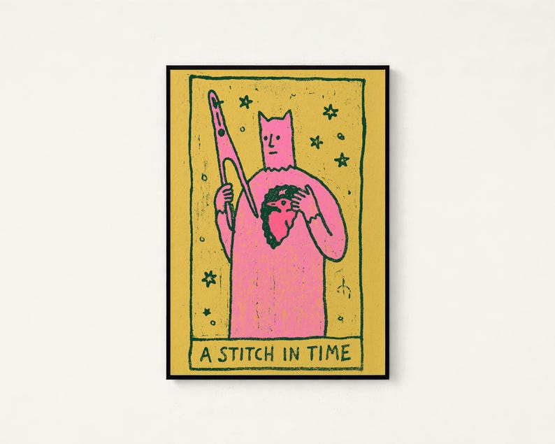 Lámina de arte pop con carta del tarot del gato mago rosa / Arte mural de criaturas mágicas / Decoración original para el hogar / Descarga digital A3 A2 A1 imagen 1