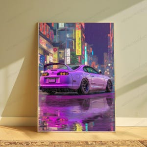May include: A vertical wall art print featuring a purple sports car parked on a wet street at night. The background displays a vibrant city street with illuminated neon signs and buildings. The car is reflected in the water on the ground.