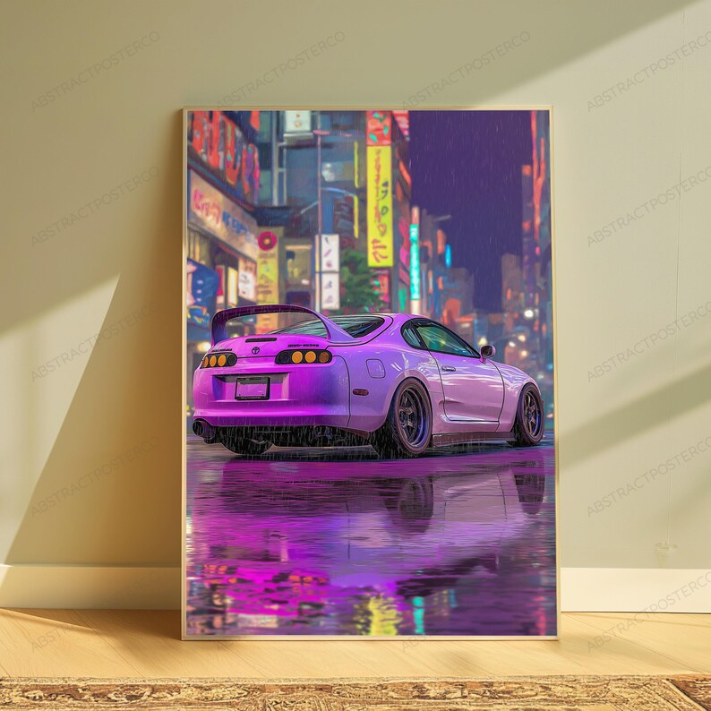 May include: A vertical wall art print featuring a purple sports car parked on a wet street at night. The background displays a vibrant city street with illuminated neon signs and buildings. The car is reflected in the water on the ground.