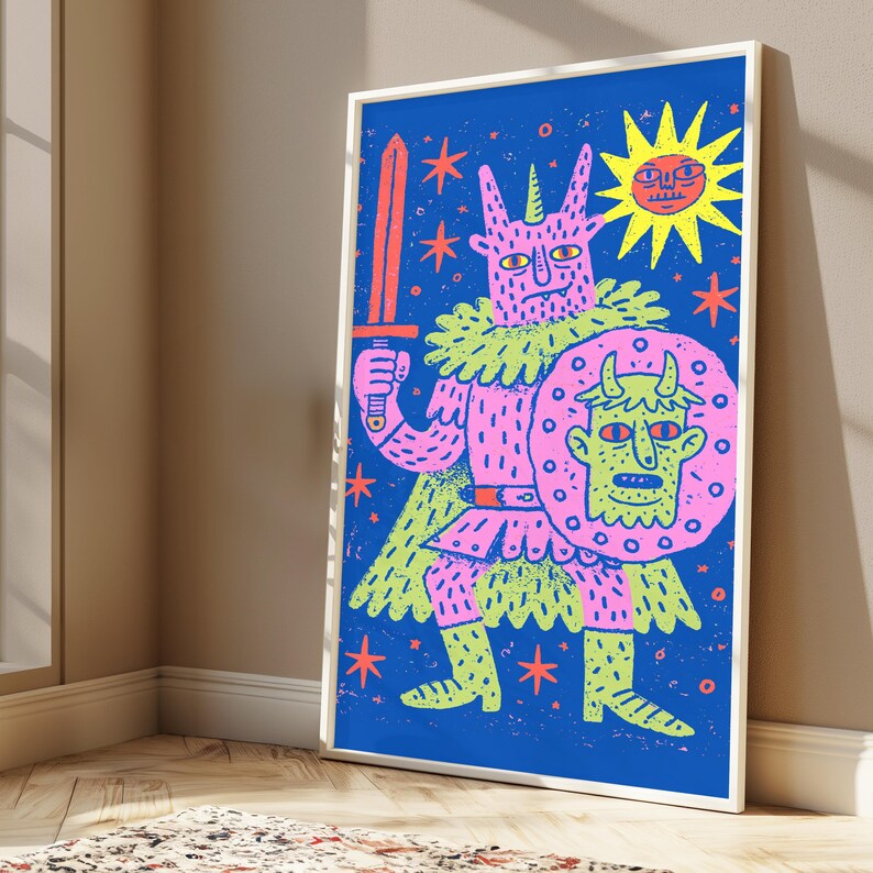 Kolorowy wydruk pop-art z mieczem demona | Mistyczne stworzenie na ścianę | Żywy, surrealistyczny wystrój | Pobieranie cyfrowe A3 A2 A1 zdjęcie 3
