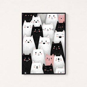 K&ouml;nnte beinhalten: Ein rechteckiger Wandkunstdruck in einem schwarzen Rahmen mit einer dichten, sich wiederholenden Illustration stilisierter Katzen in Schwarz, Wei&szlig; und zartem Rosa. Die Katzen haben einfache Gesichtsz&uuml;ge, darunter runde Augen und kleine Nasen.