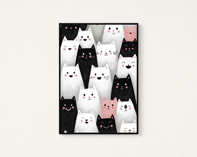 K&ouml;nnte beinhalten: Ein rechteckiger Wandkunstdruck in einem schwarzen Rahmen mit einer dichten, sich wiederholenden Illustration stilisierter Katzen in Schwarz, Wei&szlig; und zartem Rosa. Die Katzen haben einfache Gesichtsz&uuml;ge, darunter runde Augen und kleine Nasen.