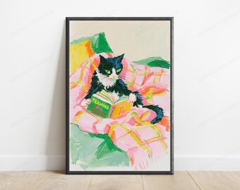 Black and White Cat Reading 'Training Your Human' Book Print | Colourful Expressionist Wall Art | Literary Cat Gift
