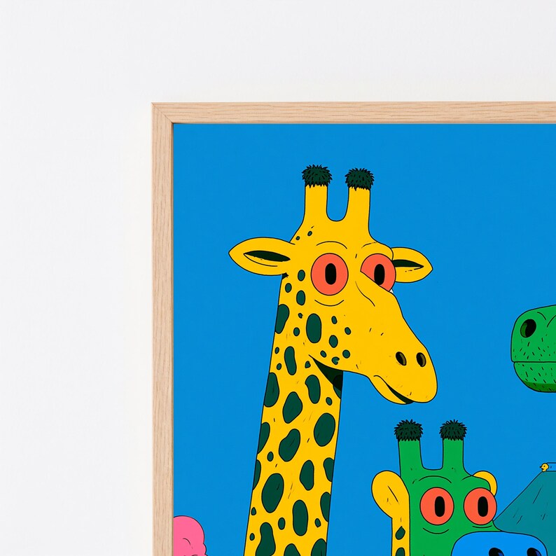 Puede incluir: Una impresi&oacute;n de arte mural enmarcada que muestra una jirafa amarilla con manchas verde oscuro y grandes ojos naranjas sobre un fondo azul brillante. La jirafa tiene dos peque&ntilde;os mechones verde oscuro en la cabeza. El marco es de madera clara.