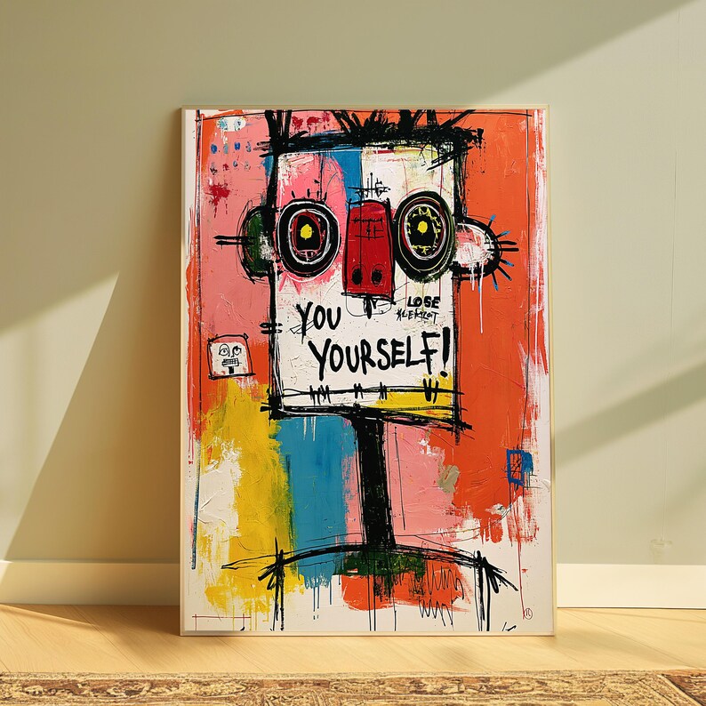 May include: A rectangular wall art print featuring an abstract, stylized face with bold black outlines. The composition uses vibrant blocks of orange, pink, yellow, and blue paint. The text "YOU YOURSELF!" is written in black in the center.