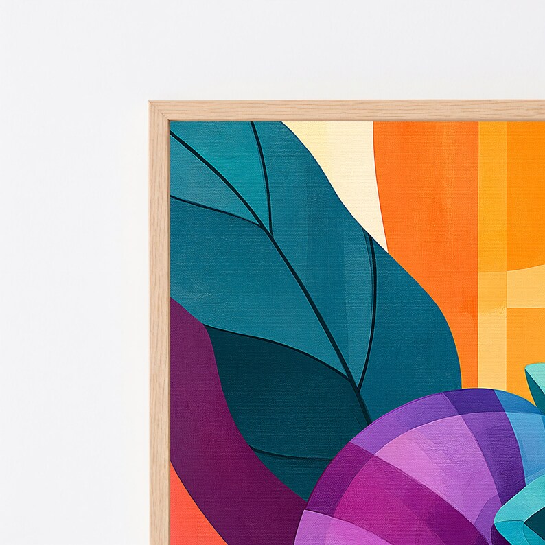 K&ouml;nnte beinhalten: Ein gerahmter Wandkunstdruck mit einer gro&szlig;en, blaugr&uuml;nen Blattform, die einen leuchtend orangefarbenen Hintergrund &uuml;berlagert. Eine violett-blau karierte Kreisform befindet sich im unteren Bereich, mit sichtbaren Pinselstrichstrukturen.