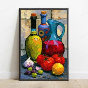 May include: An oil painting print featuring a yellow bottle, a blue patterned bottle, and a blue pitcher filled with red liquid. In the foreground, there are three red tomatoes, a yellow lemon, a head of garlic, and several small green and purple olives.