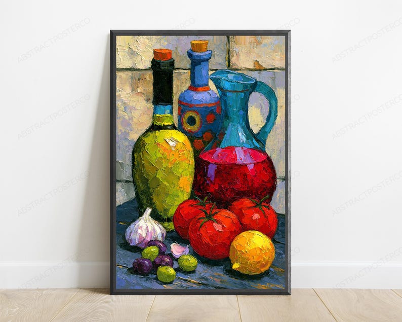 May include: An oil painting print featuring a yellow bottle, a blue patterned bottle, and a blue pitcher filled with red liquid. In the foreground, there are three red tomatoes, a yellow lemon, a head of garlic, and several small green and purple olives.