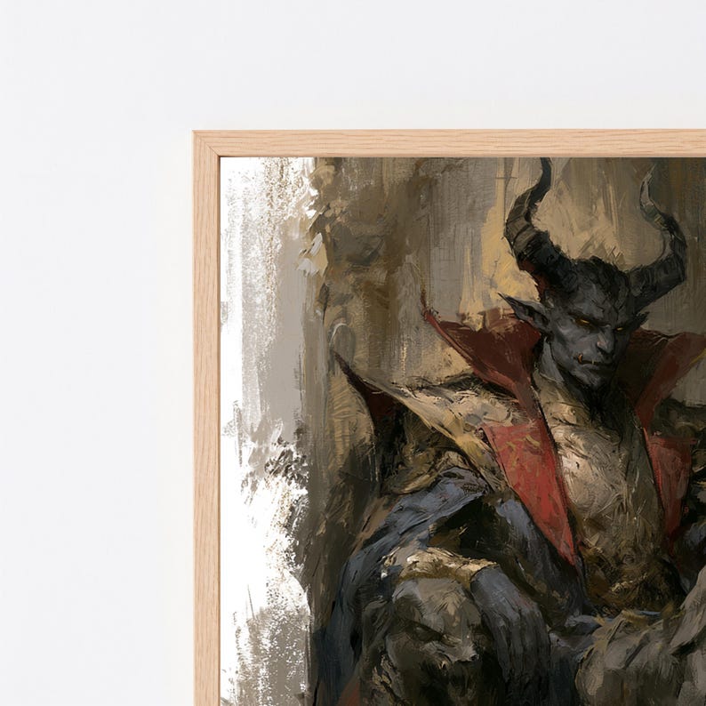 May include: A framed digital painting featuring a dark-skinned, horned figure with glowing yellow eyes, wearing ornate gold and red armor with a high collar, set against a textured, neutral-toned background with visible brushstroke details.