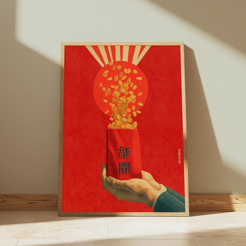 May include: A framed poster featuring a red background with a large orange circle at the top. A pair of hands holds a red envelope from which gold coins are flowing upward. The envelope displays black Chinese characters. The style is graphic art.