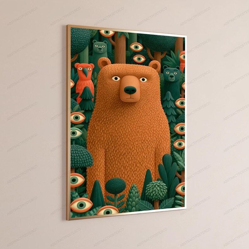 May include: A framed wall art print featuring a large, textured brown bear standing in a dense forest. The scene is filled with various green trees, a small orange bird, and numerous disembodied human-like eyes scattered throughout the foliage.