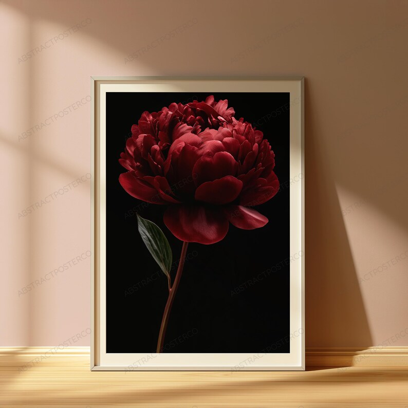 Red Peony Flower Botanical Print | Dark Moody Floral Wall Art | Luxury Home Decor image 5