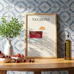 Negroni Cocktail Recipe Print in Cream shown in a kitchen
