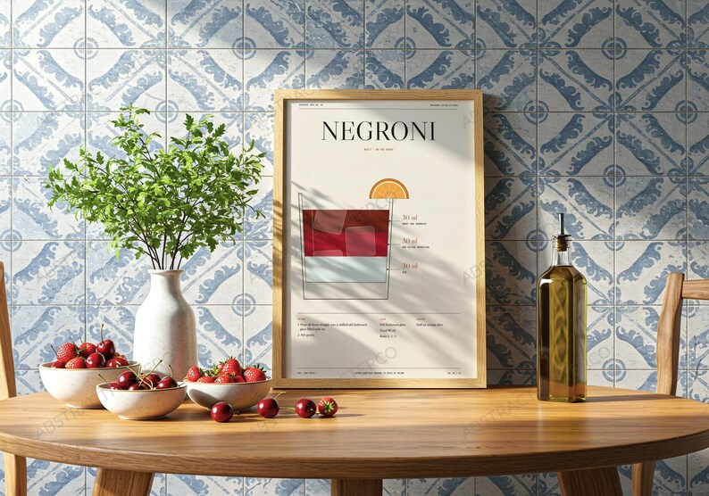 Negroni Cocktail Recipe Print in Cream shown in a kitchen