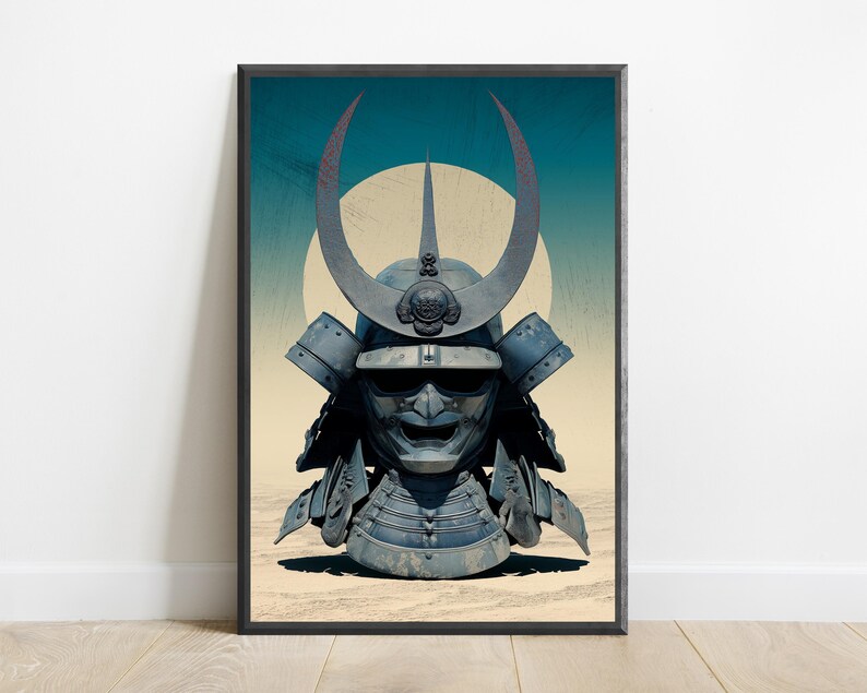 May include: A framed wall art print featuring a dark blue samurai helmet with a prominent crescent moon crest and a fierce facial mask. The helmet is centered against a pale yellow desert landscape and a large, circular sun in a teal sky.