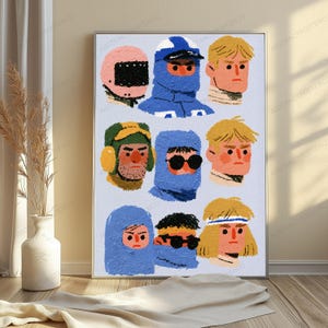 Retro Character Portraits Pop Art Print | Colorful Minimalist Faces | Vintage Wall Art | Digital Download A3 A2 A1 afbeelding 5