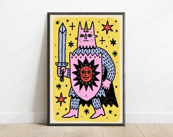 Mystical Demon Warrior Pop Art Print | Sword & Sorcery Wall Art | Colorful Fantasy Home Decor | Digital Download A3 A2 A1